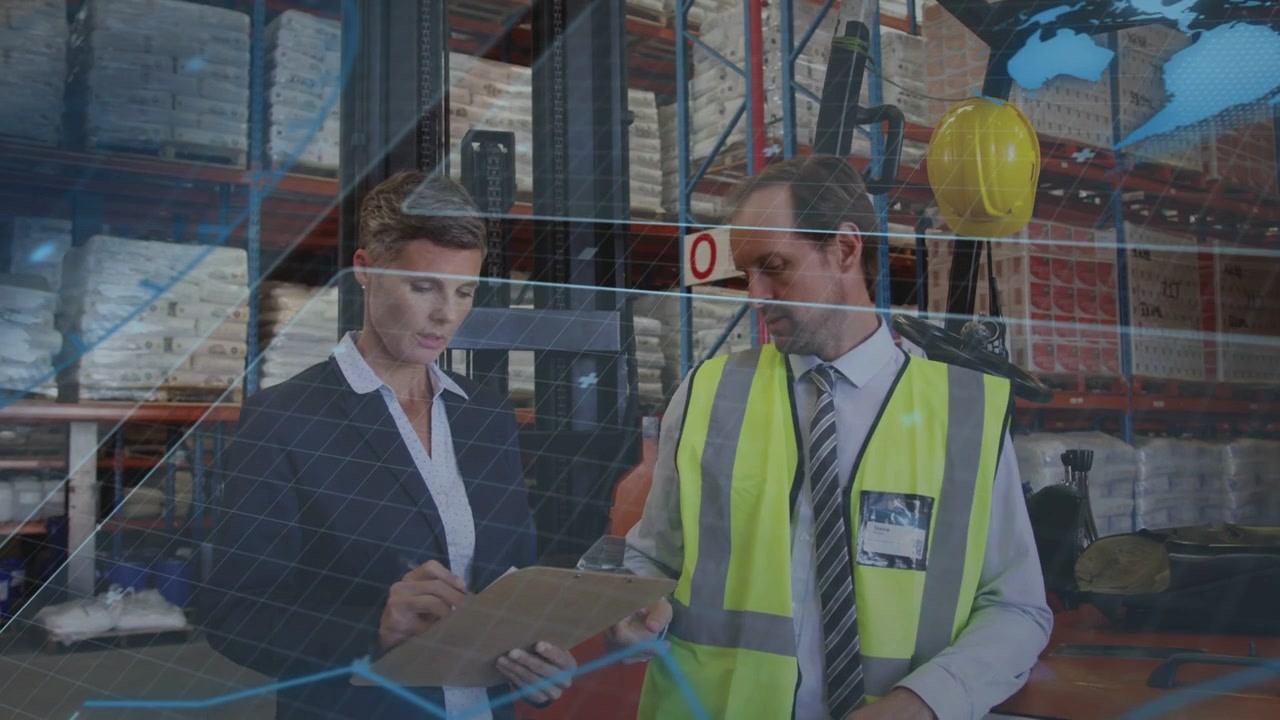Vertical video: Lead pointing starting clerk writing checklist for safety audit under blue overlay