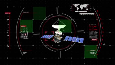 animation of satellite over globe and data processing and scope scanning on black background