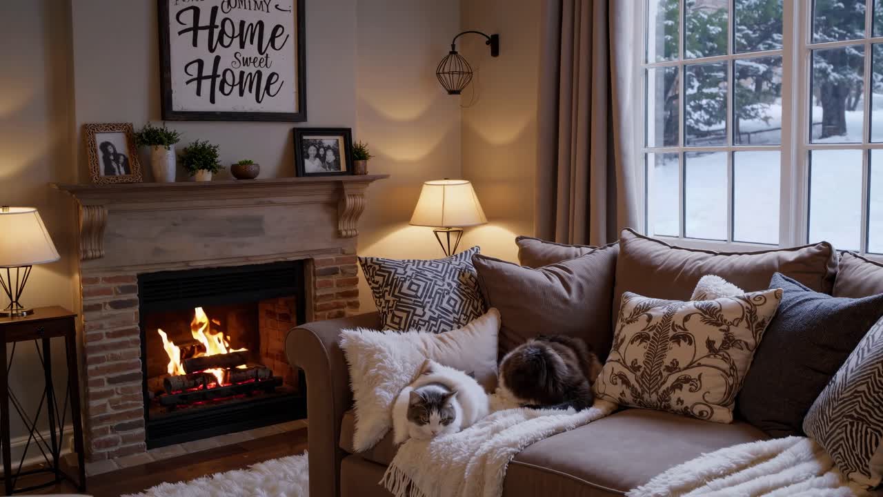 Cozy living room with a warm fireplace, cats on a plush sofa, and snow outside