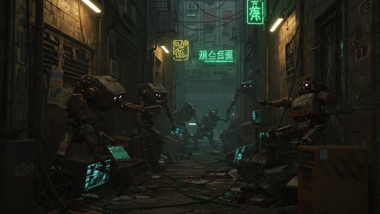 A dark, futuristic alley filled with robotic figures conducting mysterious activities under neon signs, showcasing a blend of technology and urban decay