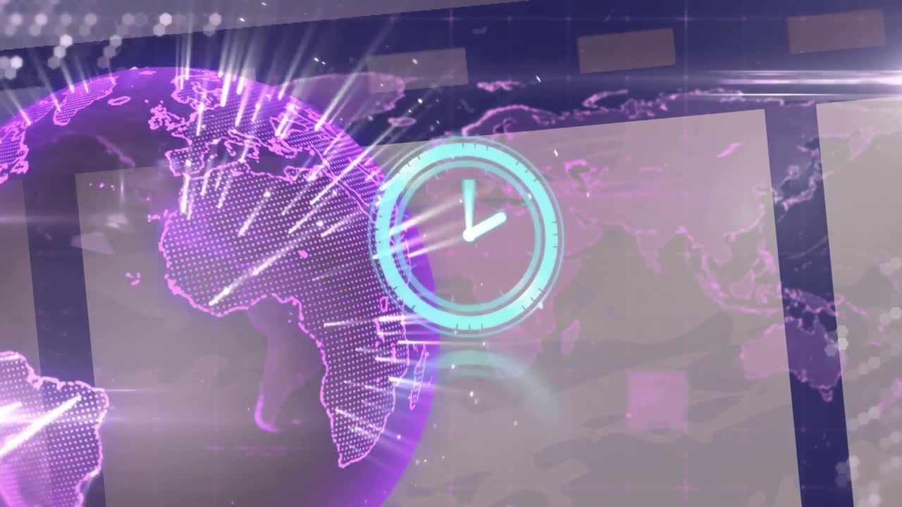 반 ⁇ 이는 분홍색 글로벌 네트워크와 필름 스트립 위에 시계 표시를 가진 스캐너의 애니메이션