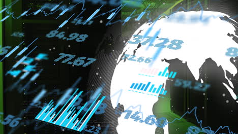 animación de múltiples gráficos, globo giratorio y tablero de negociación sobre la sala del servidor de datos