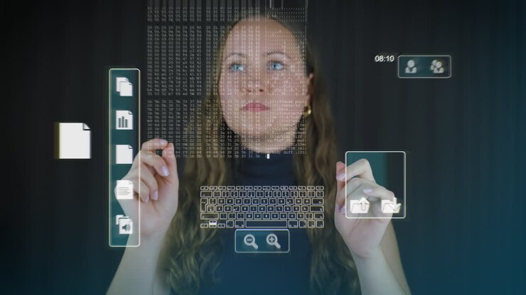 Female model uses touch screen hologram with different contents of file manager, concept financial data overview, price development graphs charts stock market data
