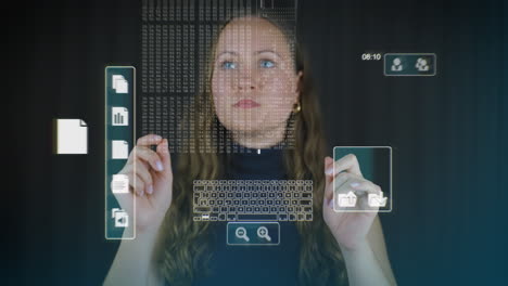 El-Modelo-Femenino-Utiliza-Un-Holograma-De-Pantalla-Táctil-Con-Diferentes-Contenidos-Del-Administrador-De-Archivos,-Descripción-General-De-Datos-Financieros-Conceptuales,-Gráficos-De-Desarrollo-De-Precios,-Gráficos-De-Datos-Del-Mercado-De-Valores