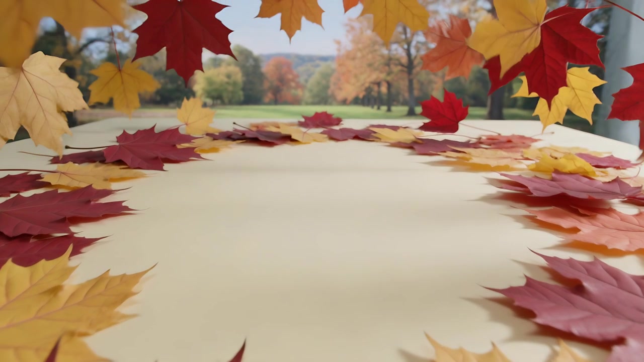 Brezza leggera che fa volteggiare foglie d'acero rosse e gialle, delineando un'area centrale beige in un parco