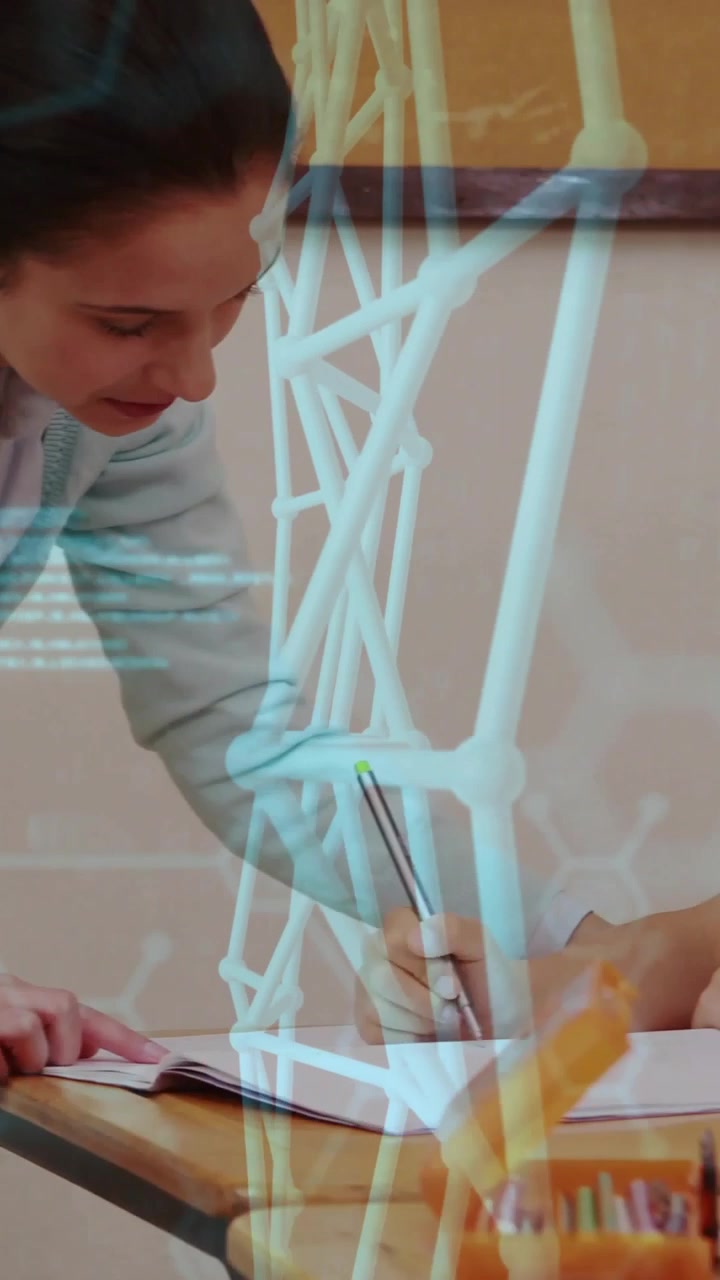 Vertical video: Teacher reaching page, helping students writing while 3D hex code overlaying scene