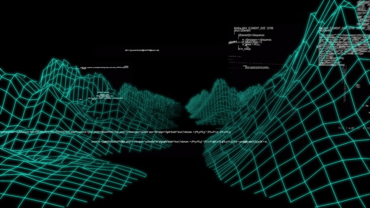 Animation of data processing over 3d metaverse structures in seamless pattern on black background