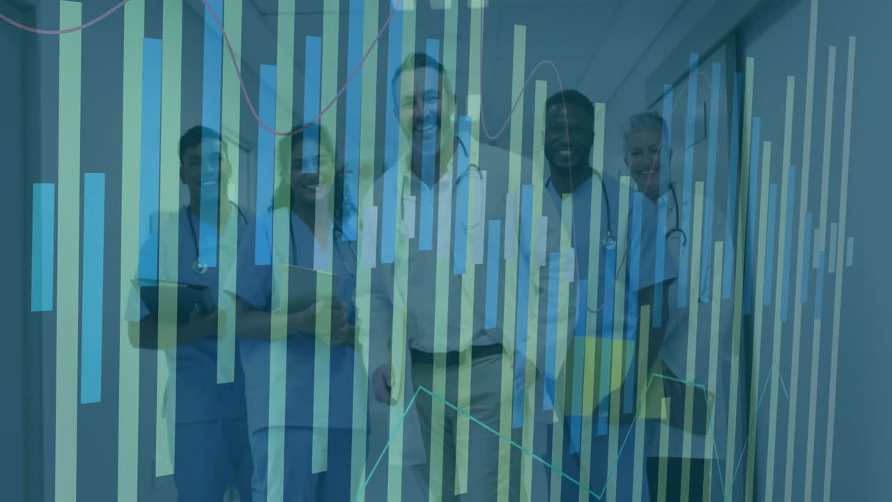 Medisch team loopt door een ziekenhuisgang met een tablet en activeert een stijgende staafgrafiek met meetgegevens