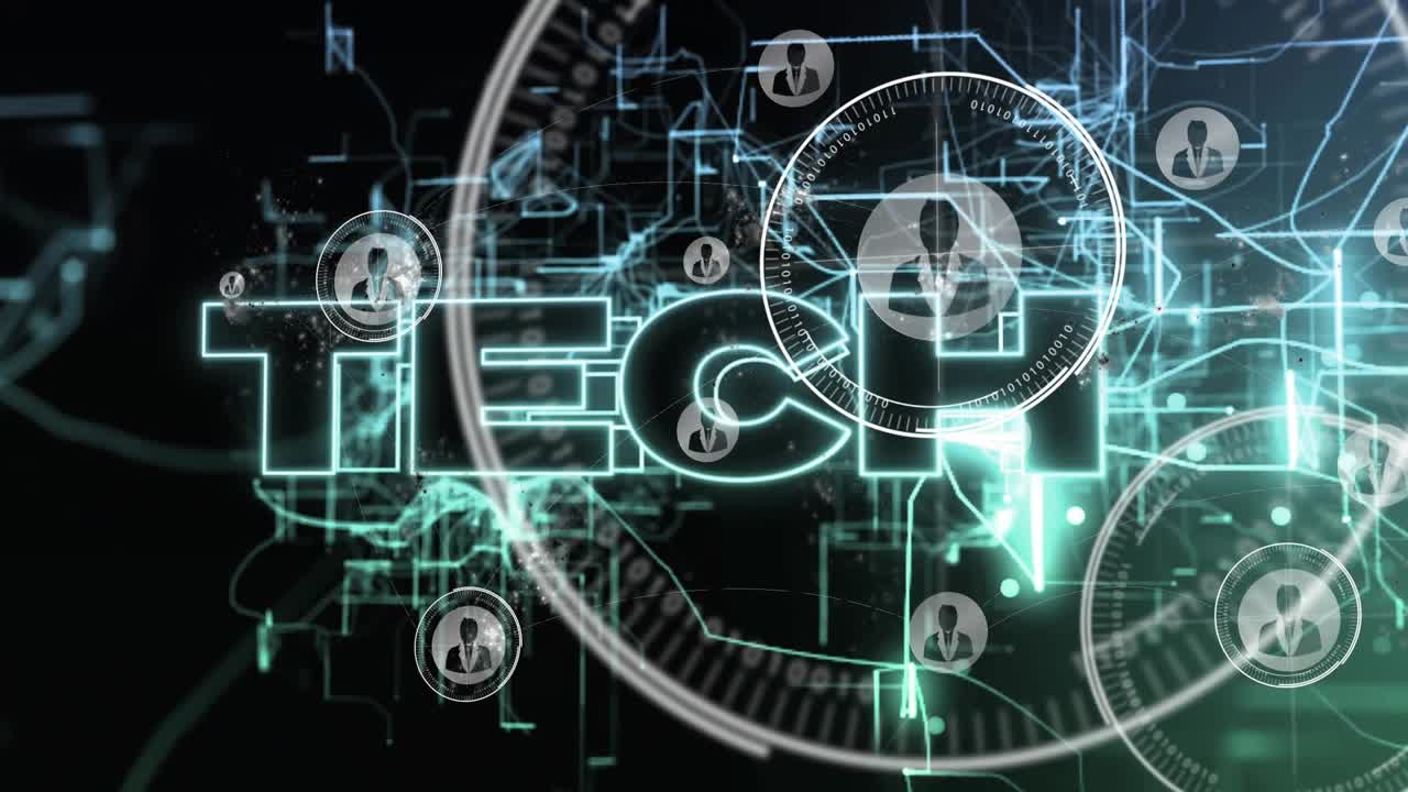 Faint cyan circuitry flickering forming grid revealing TECH text rotating HUD ring pulsing avatars