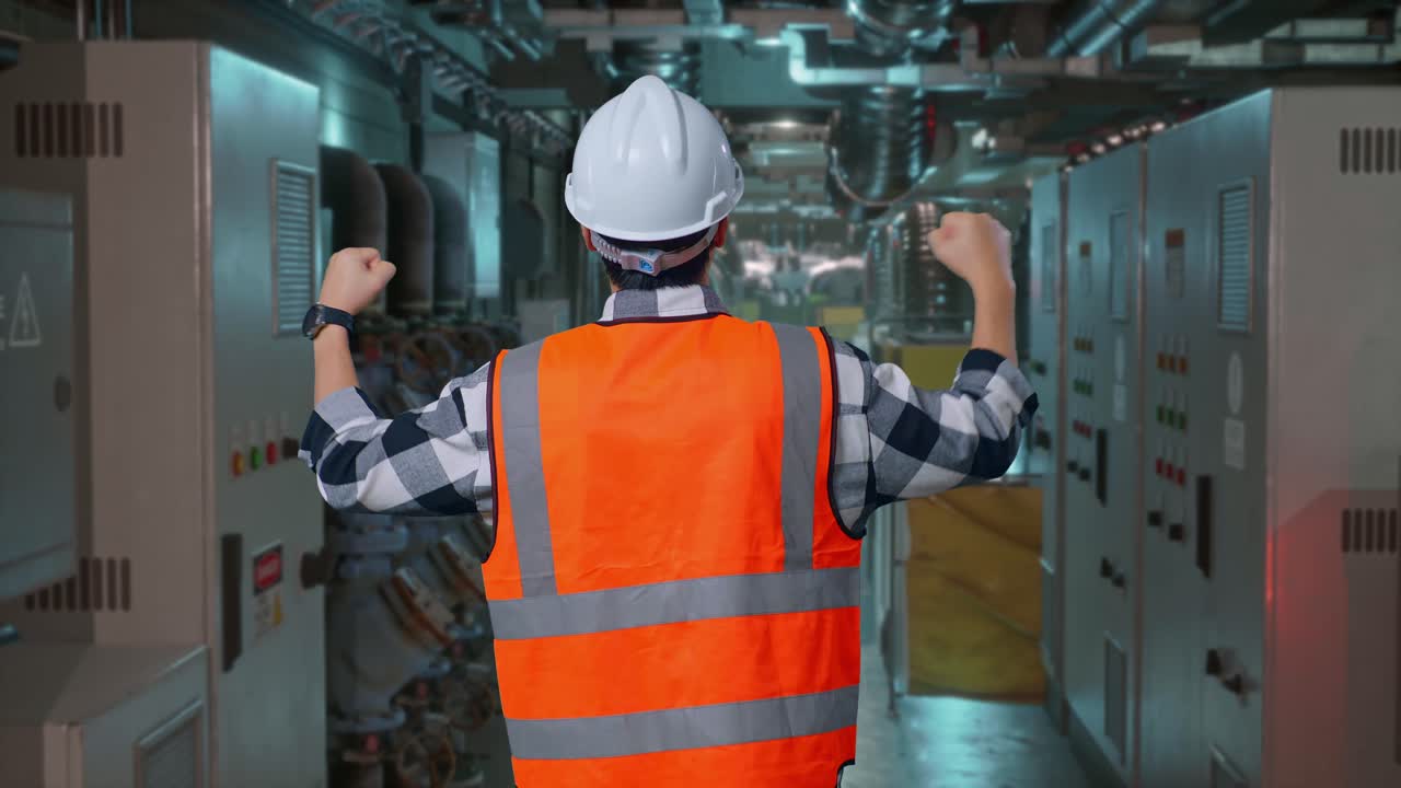 Back View Of A Male Engineer With Safety Helmet Raising His Hands Celebrating While Working In Engine Control Room, Work Of Electrical Generators