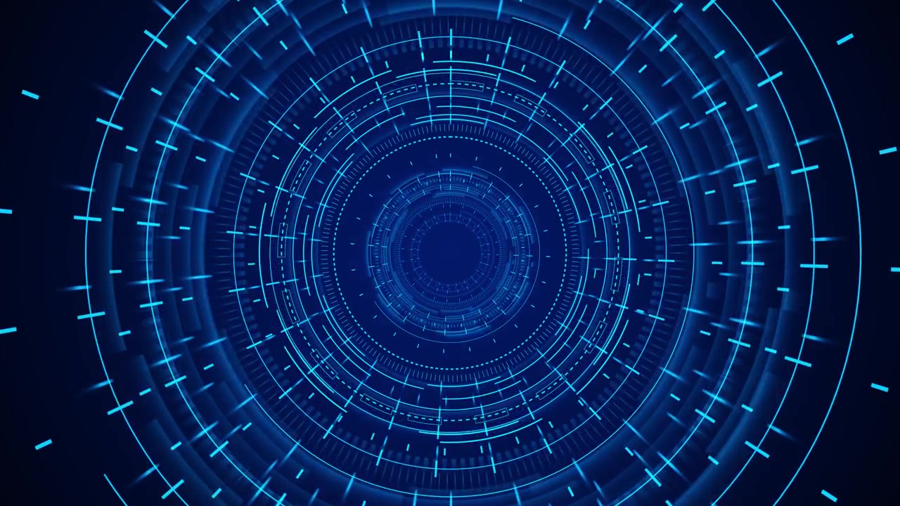 Blue circular hud tunnel background with glowing rings radial marks and deep futuristic center