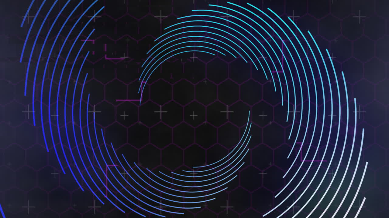 Animation of spinning lines over hexagons on black background