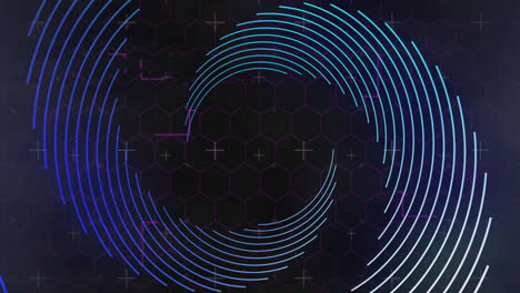 animation of spinning lines over hexagons on black background