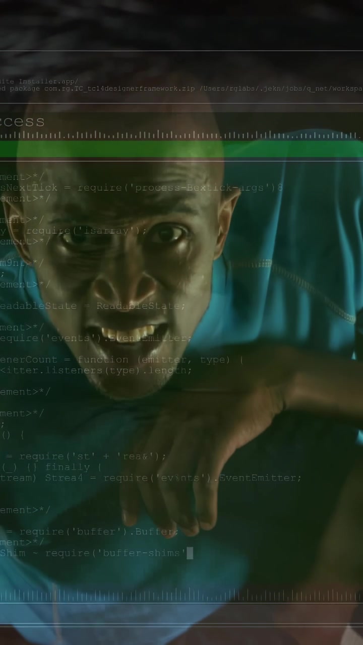Vertical video: Athlete pressing ball, showing green HUD and code, raising head, gesturing for tech