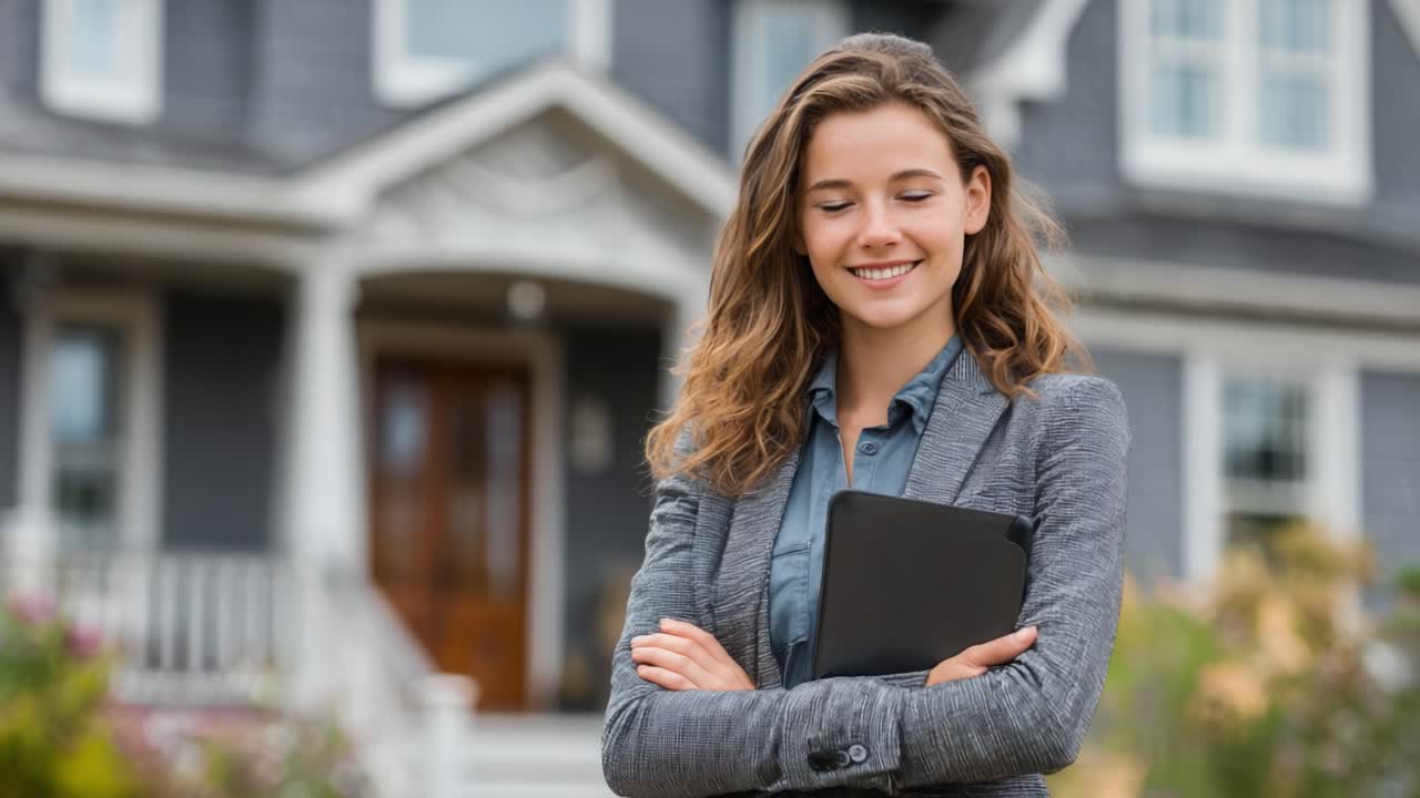 Confident Professional Standing in Front of a Beautiful Home, Showcasing Real Estate Expertise and Warm Personality with a Friendly Smile