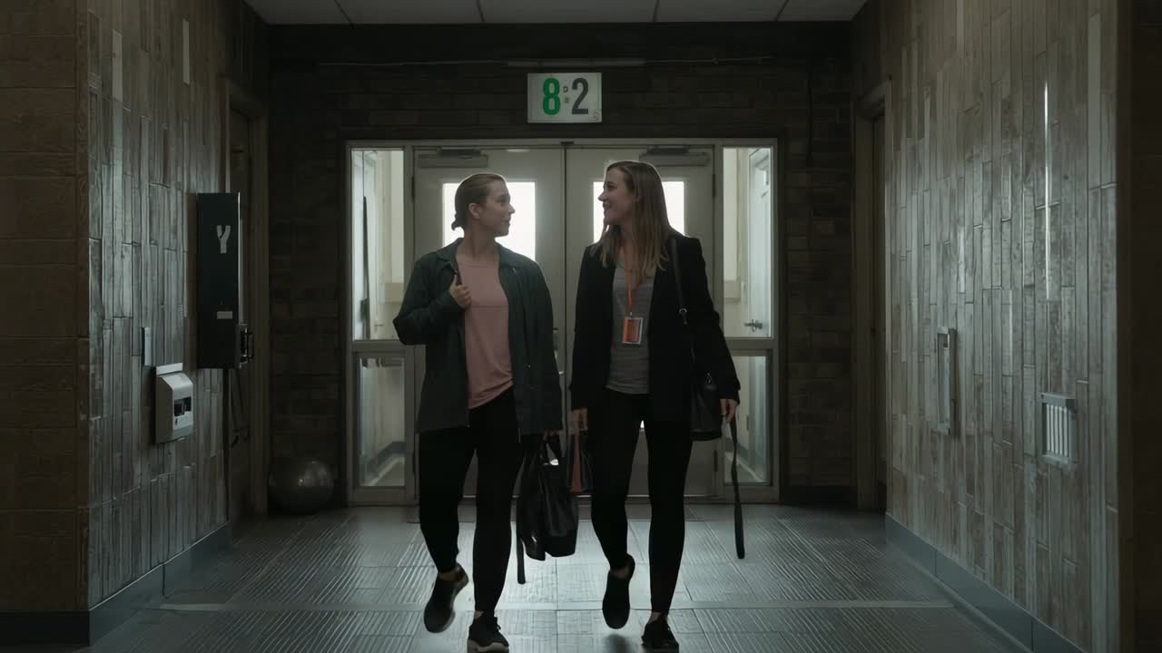 Walking two women from double doors, chatting, moving down hall with bags, lanyard, stick