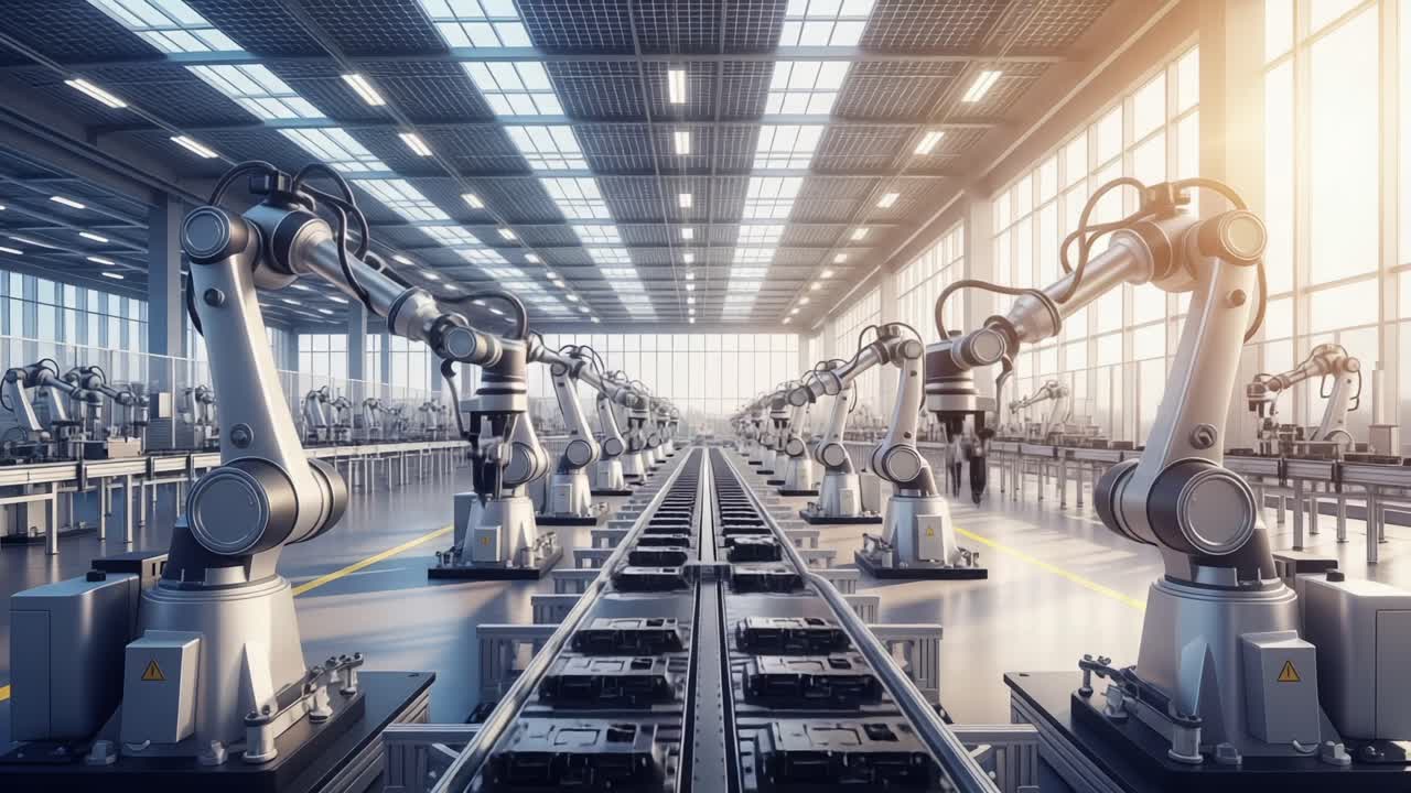 A High-Tech Manufacturing Facility Showcasing Advanced Robotic Arms Efficiently Working on a Production Line in a Modern Industrial Setting