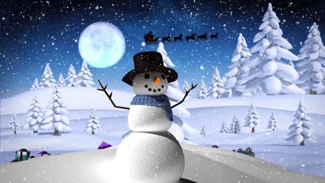 Snow-falling-over-snowman-on-winter-landscape-against-moon-in-the-night-sky