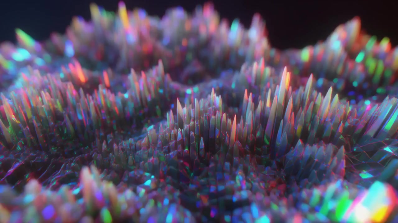 Abstract 3D Digital Landscape with Iridescent Glowing Spikes