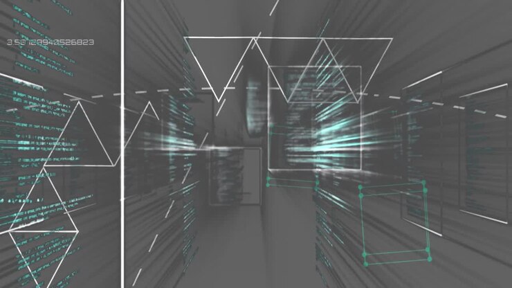 Animation of data processing and shapes over gray background