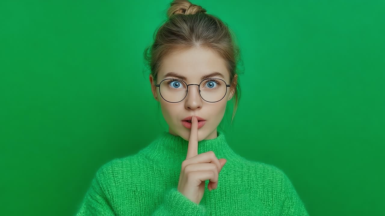 Una joven con gafas y un suéter verde brillante hace un gesto de silencio contra un vibrante fondo verde, simbolizando calma y tranquilidad
