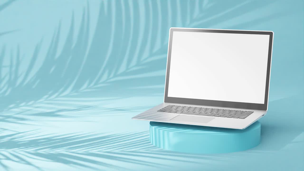 Elegant sølvfarvet bærbar computer på en rund piedestal, tom skærm med palmeskygger på en kølig blå baggrund.