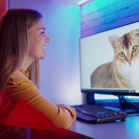 young girl looking at the screen of a computer. beautiful woman sitting at the table and touching the monitor with the cat image.