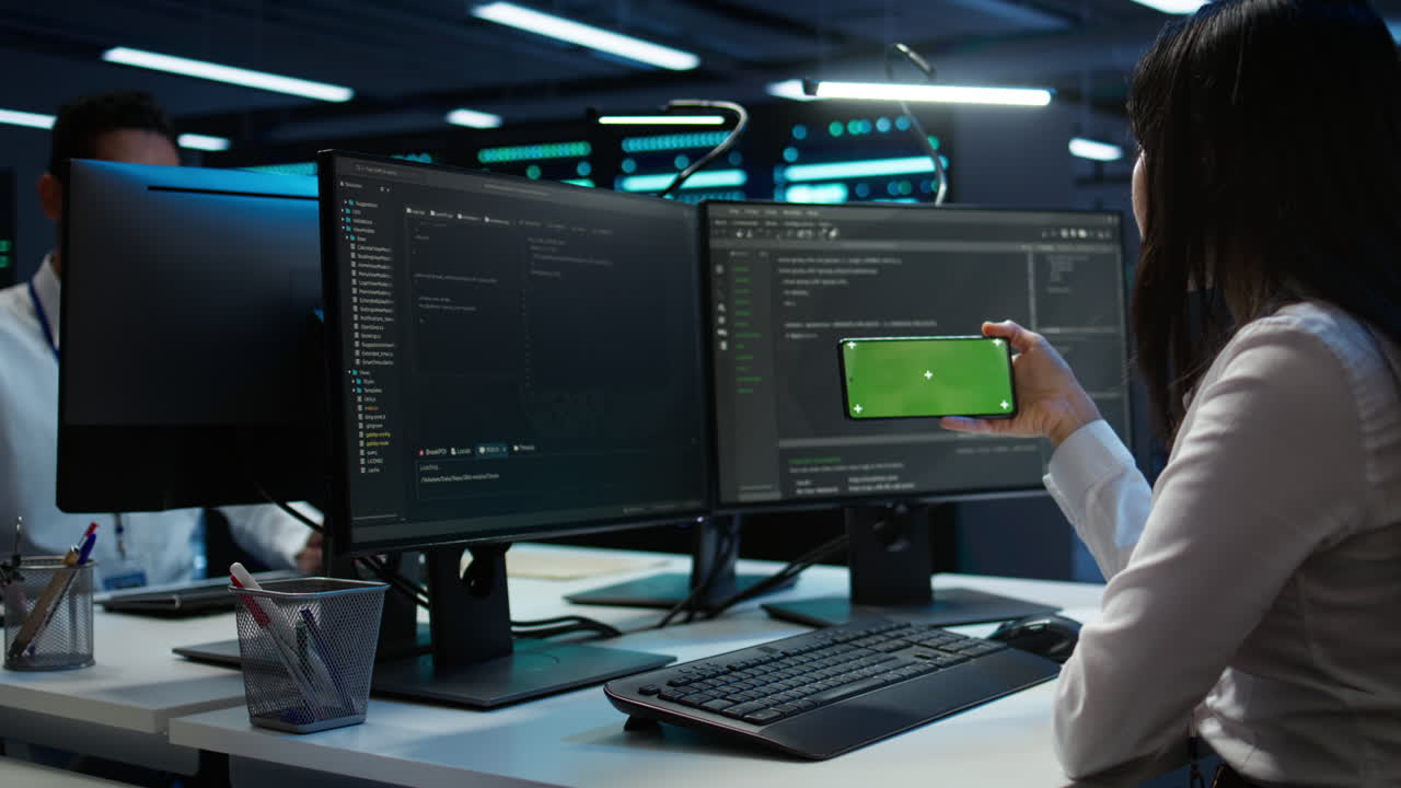 Engineer uses mockup smartphone device in server hub