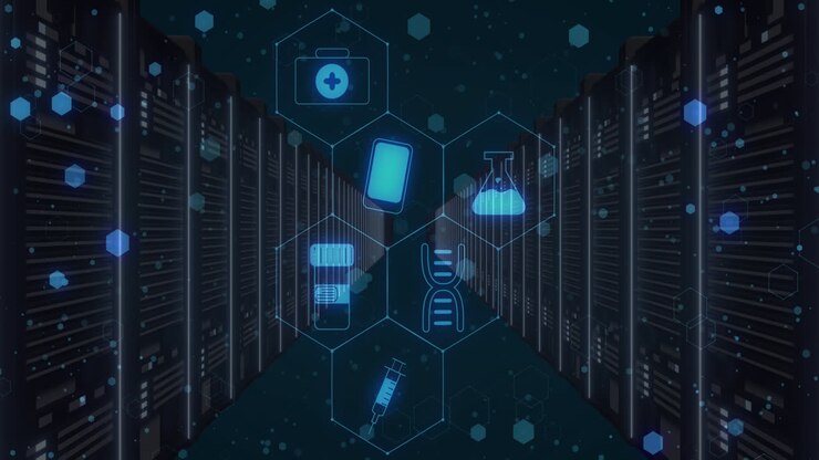 Animation of medical icons over server room