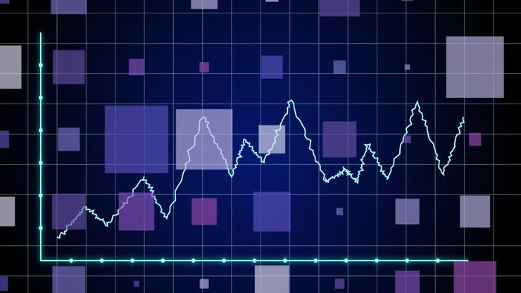 Animación de procesamiento de datos estadísticos y formas cuadradas sobre fondo azul
