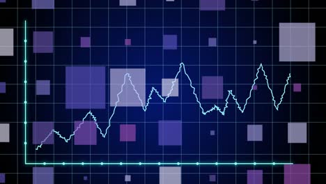 Animation-of-statistical-data-processing-and-square-shapes-against-blue-background