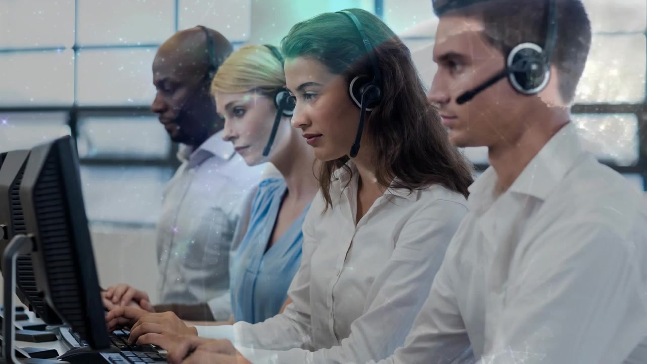Animation of purple trails over diverse business people using phone headsets in office