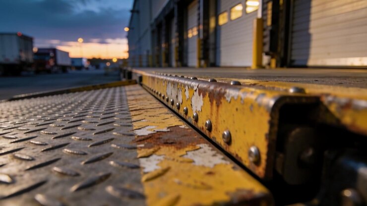 Moving camera tracking yellow dock leveler seam at warehouse dock, highlighting rivets