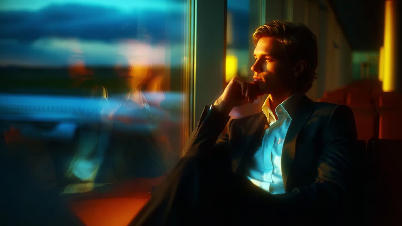 Et ettertenksomt øyeblikk fanget i tid, som viser en mann som er fordypet i tanker mens han ser ut av et vindu, med refleksjoner som skaper et fascinerende samspill av lys og farge i elegante omgivelser