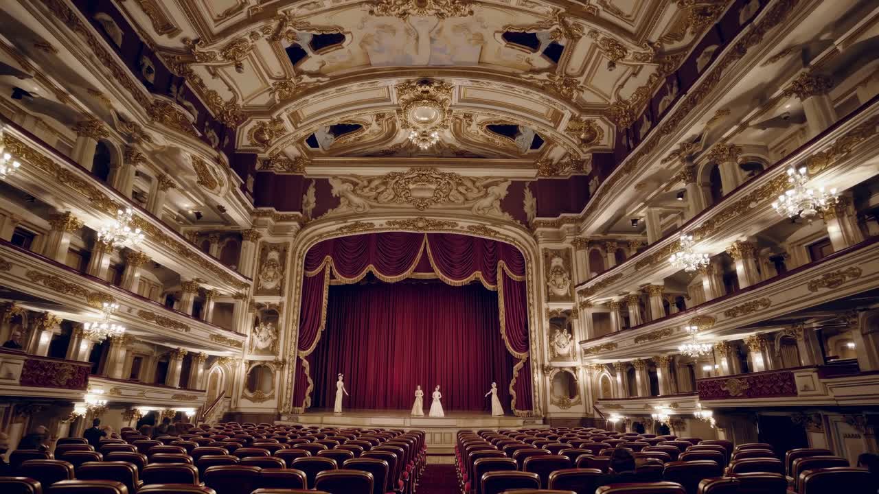 Spectators are sitting in the red velvet seats of an opulent theater, watching a performance on stage, with the ornate golden balconies and chandeliers adding to the grandeur of the scene