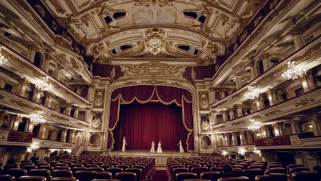 spectators are sitting in the red velvet seats of an opulent theater, watching a performance on stage, with the ornate golden balconies and chandeliers adding to the grandeur of the scene