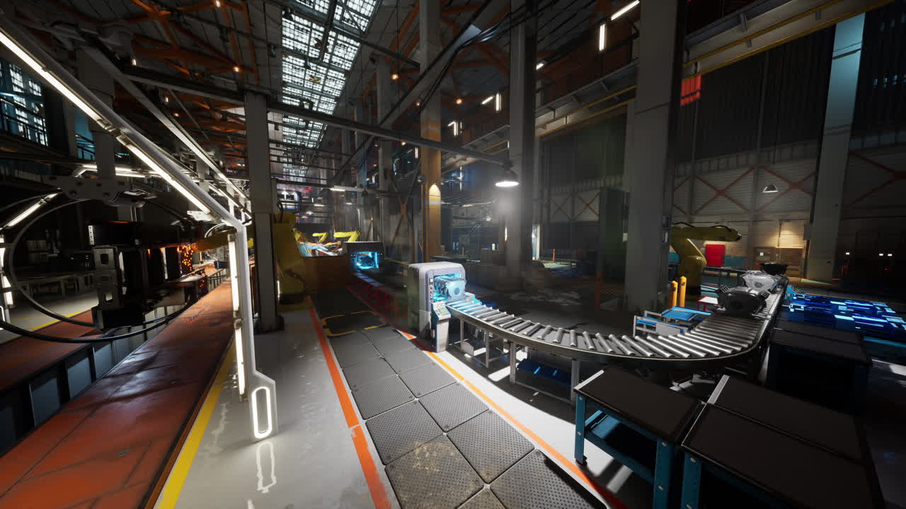 Automated conveyor belt with robotic arms in a busy manufacturing facility