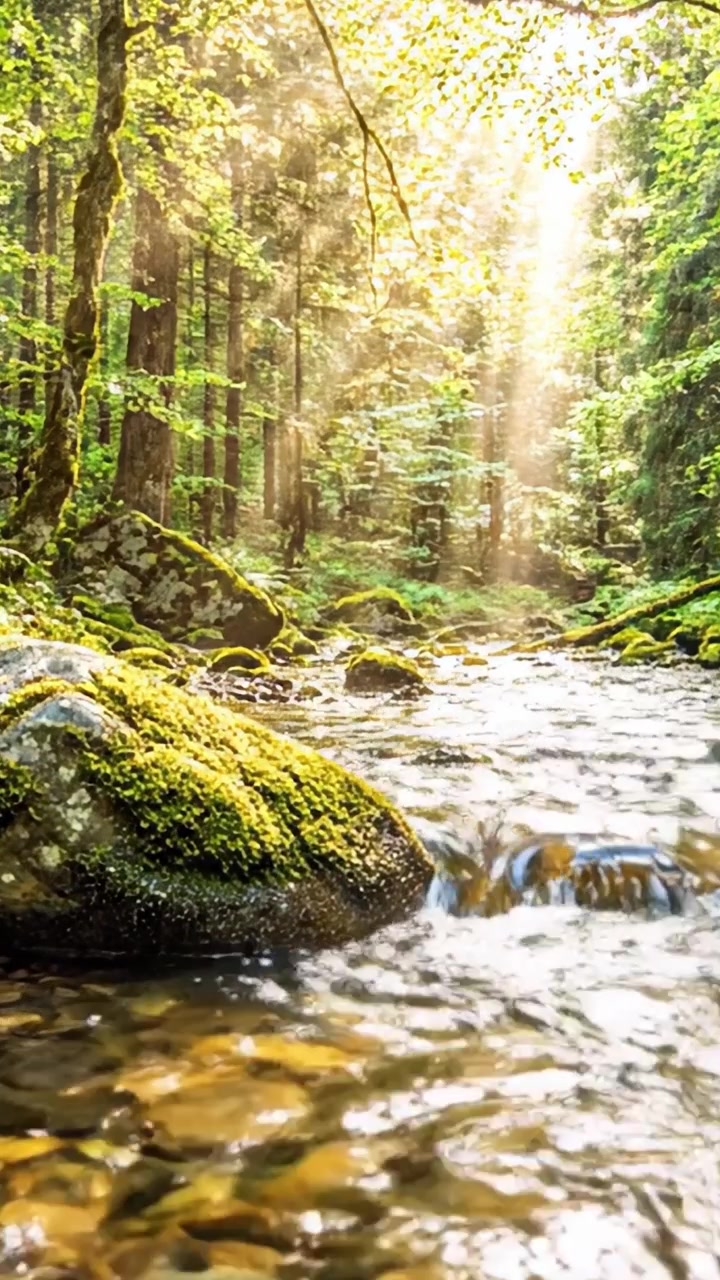 Ruscello sereno nel bosco: catturando la tranquillità e la bellezza naturale di un ruscello forestale illuminato dal sole con acqua che scorre e vegetazione lussureggiante nel cuore della natura.