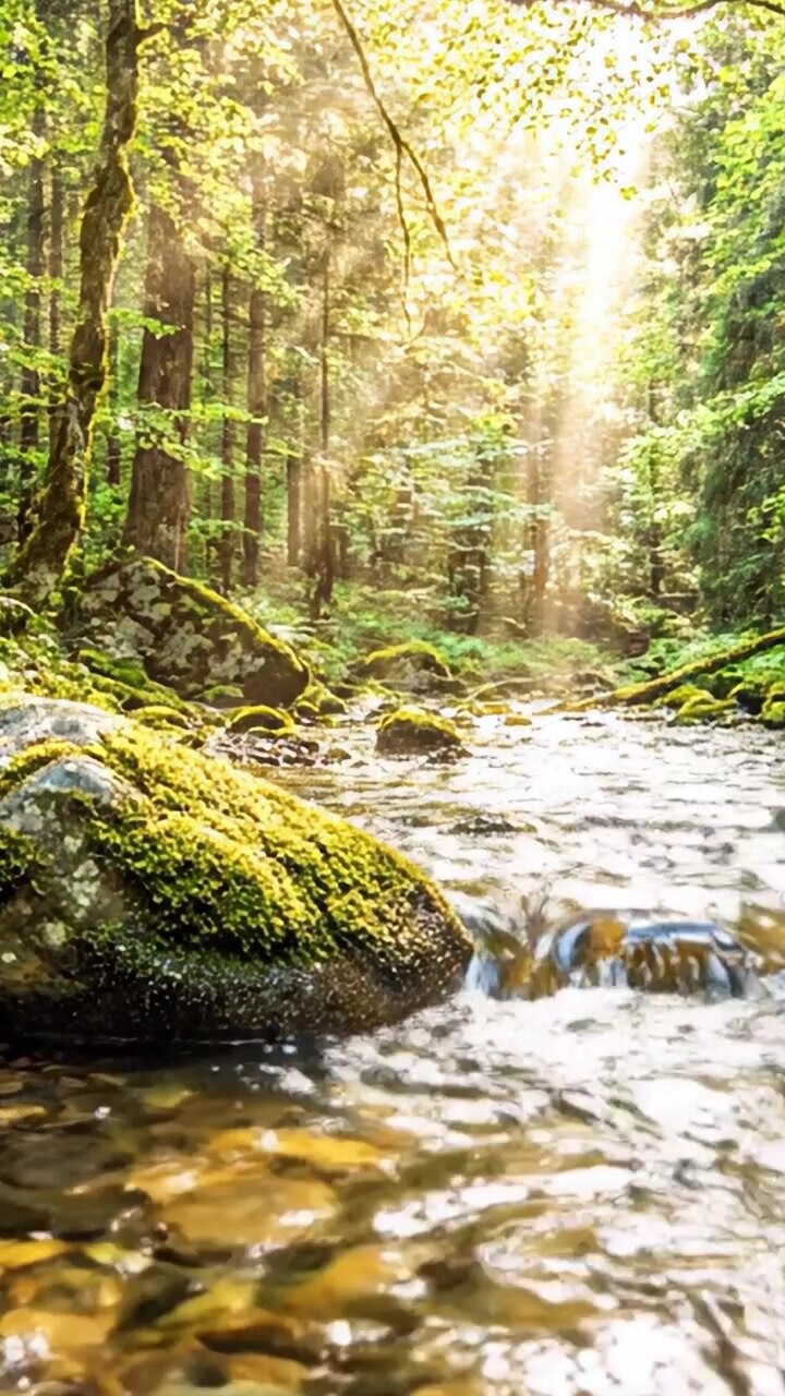 Ruscello sereno nel bosco: catturando la tranquillità e la bellezza naturale di un ruscello forestale illuminato dal sole con acqua che scorre e vegetazione lussureggiante nel cuore della natura.
