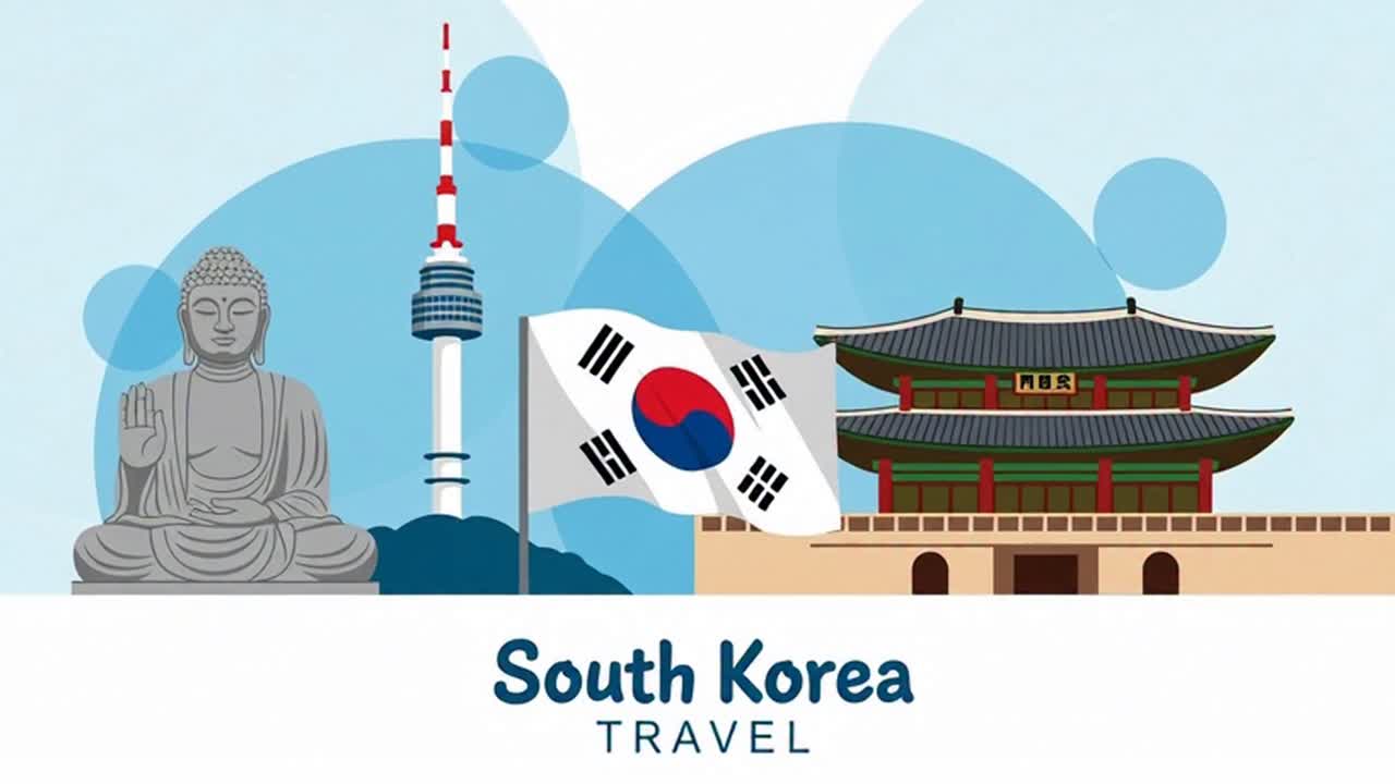 Intestazione turistica della Corea del Sud con simboli culturali e bandiera