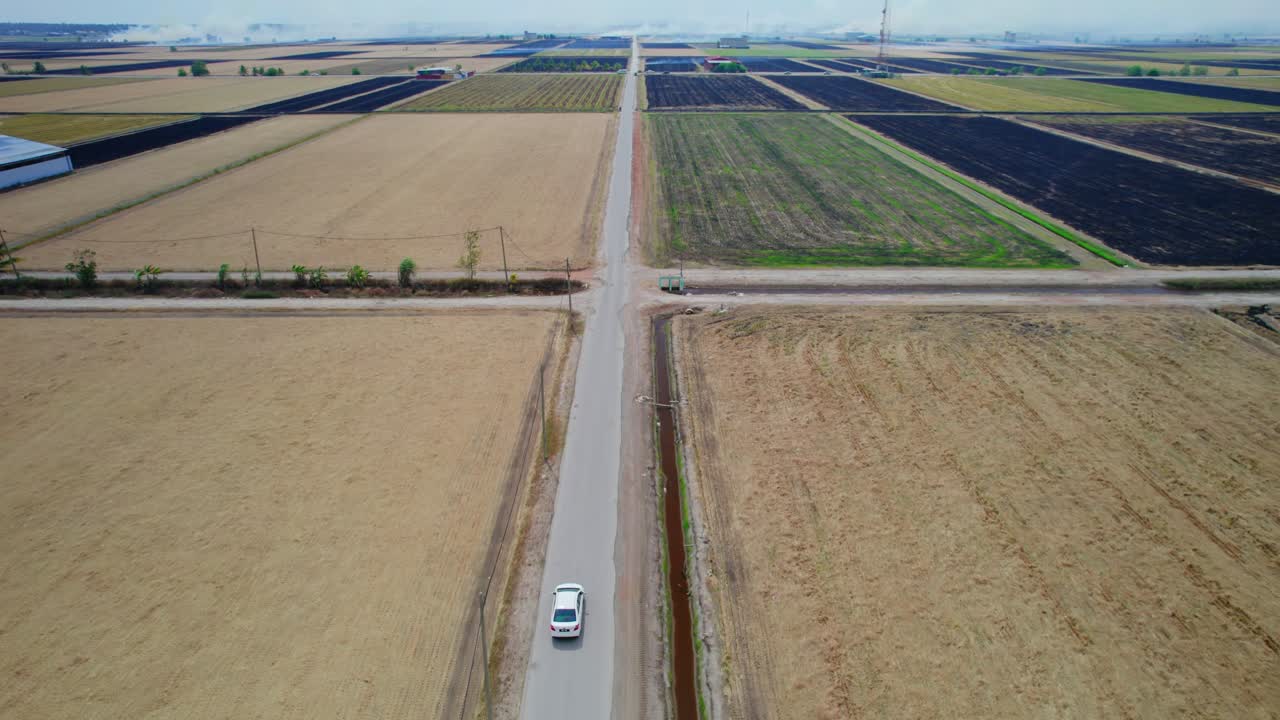 Drone view of countryside road with car passing through rice paddy fields