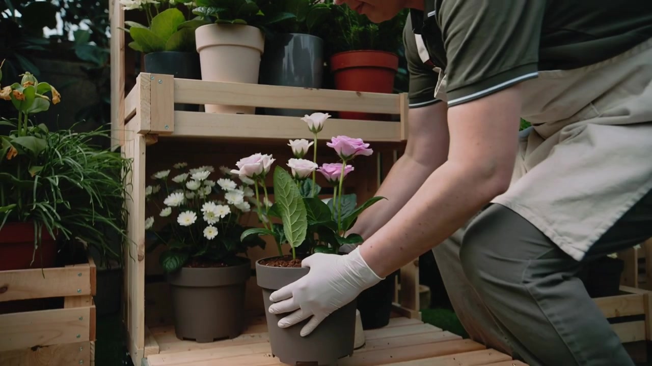 Trabalhador com luvas tocando flores rosas, movendo vaso cinza para a prateleira inferior do viveiro, plantando para exibição.