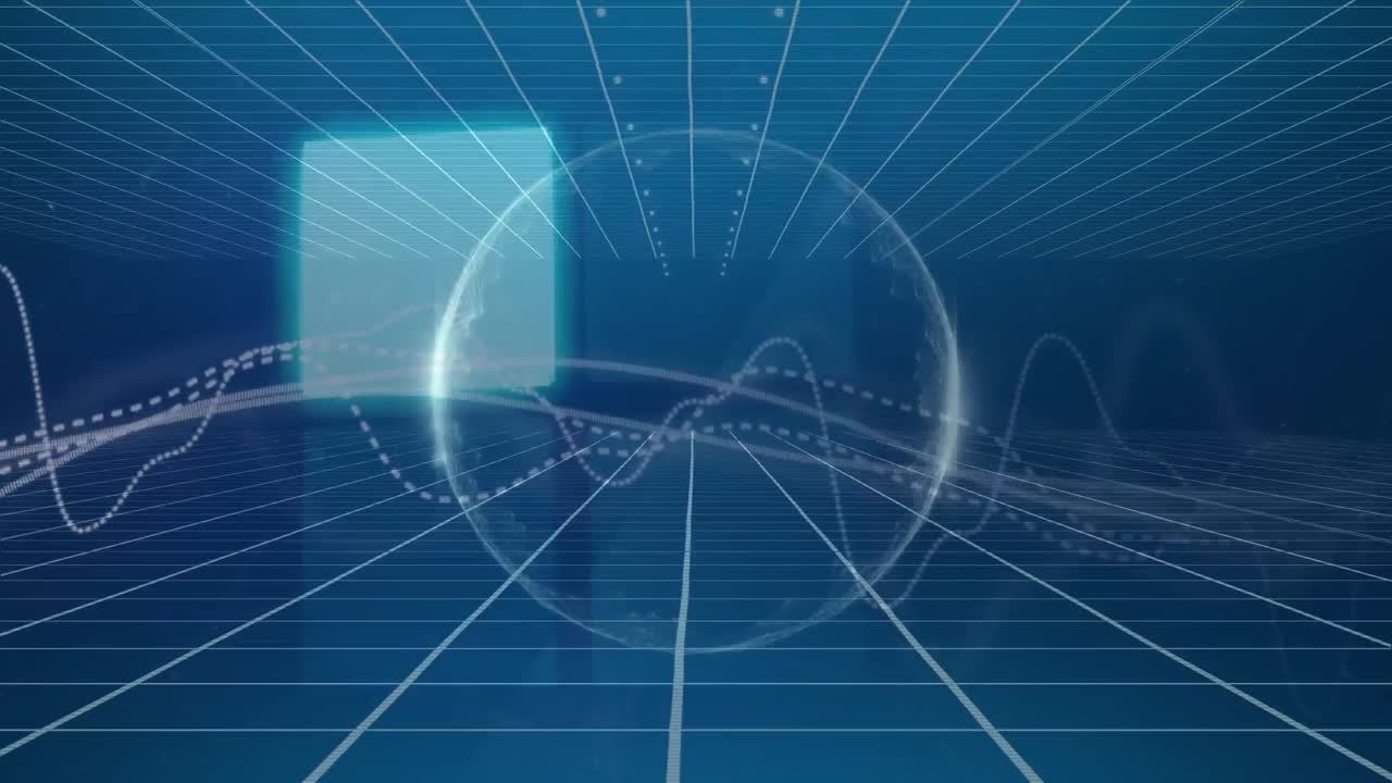 파란색 배경에 대한 그리드 네트워크에 대한 빛 트레일과 네온 사각형 모양의 애니메이션