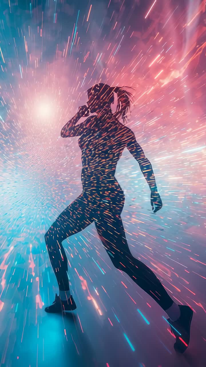 Vertical video: Running female athlete answering smartphone call after orb pulsing in neon tunnel