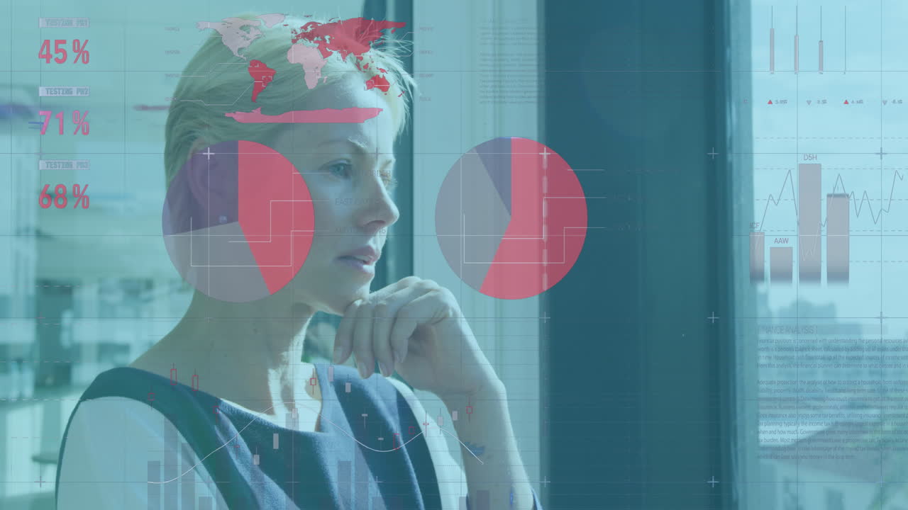 animación del procesamiento de datos financieros sobre una mujer de negocios caucásica en el cargo