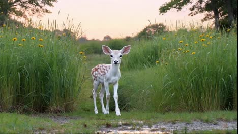 adorable white fawn standing in a green meadow with yellow flowers at sunset.