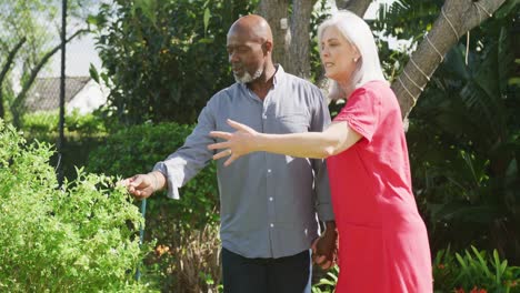 Happy-senior-diverse-couple-walking-in-garden