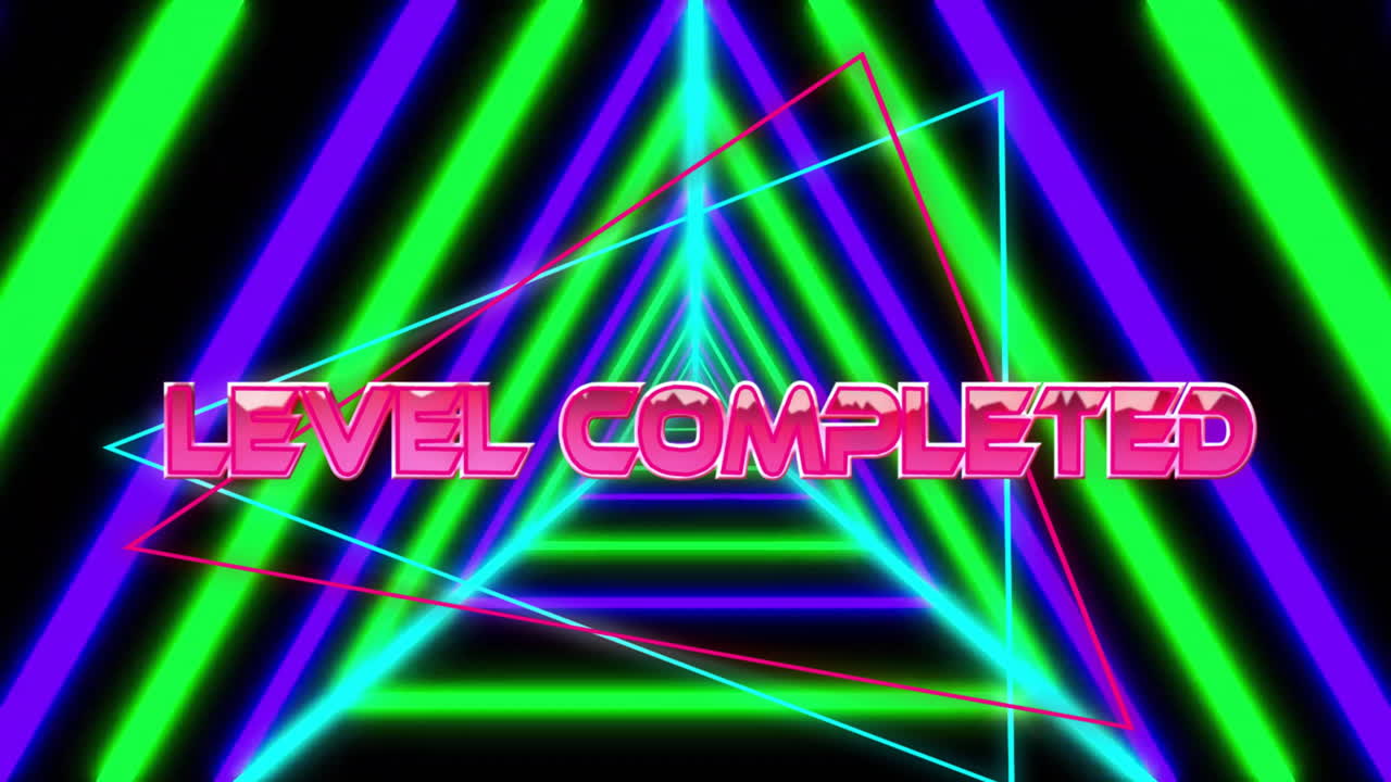 네온 패턴 위에 레벨 완료 텍스트의 애니메이션