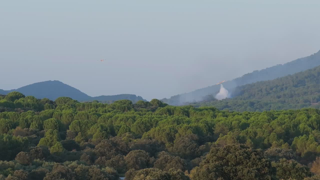 Drone filming a fire we see the trail of smoke, we see a seaplane that moves away and another discharges water in the affected area, which is already controlled, filmed in slow motion and in 167mm.