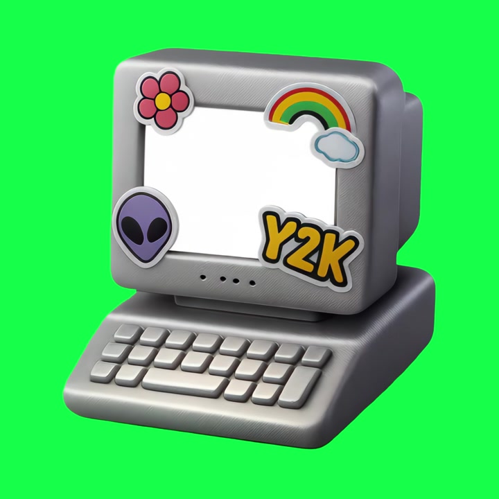 3D Rendered Retro Computer with Y2K Stickers and Screen Transition on Green Screen